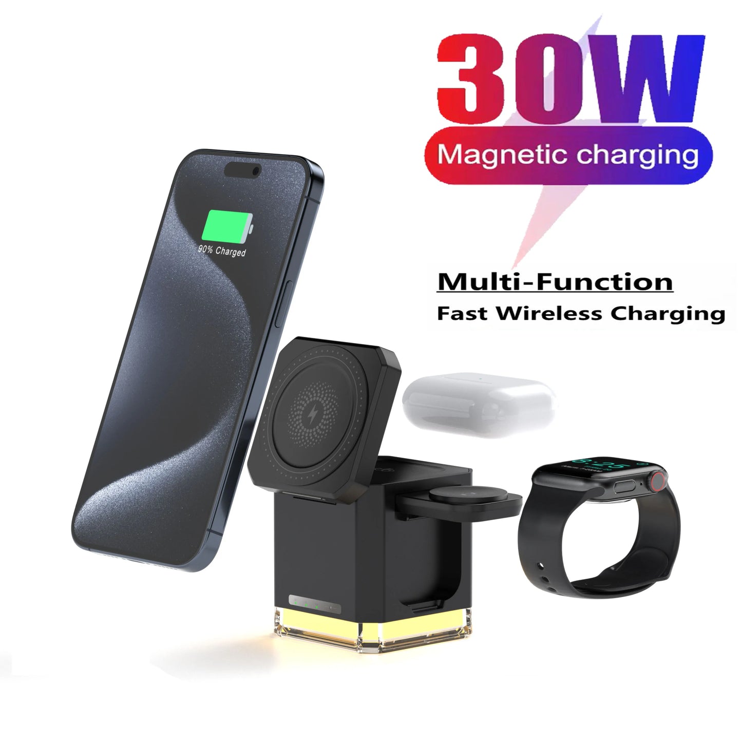 Chargeur sans fil 3 en 1 30 W, station de charge sans fil pliable, support de chargeur cubique pour plusieurs appareils, pour iPhone 15/14/13/12