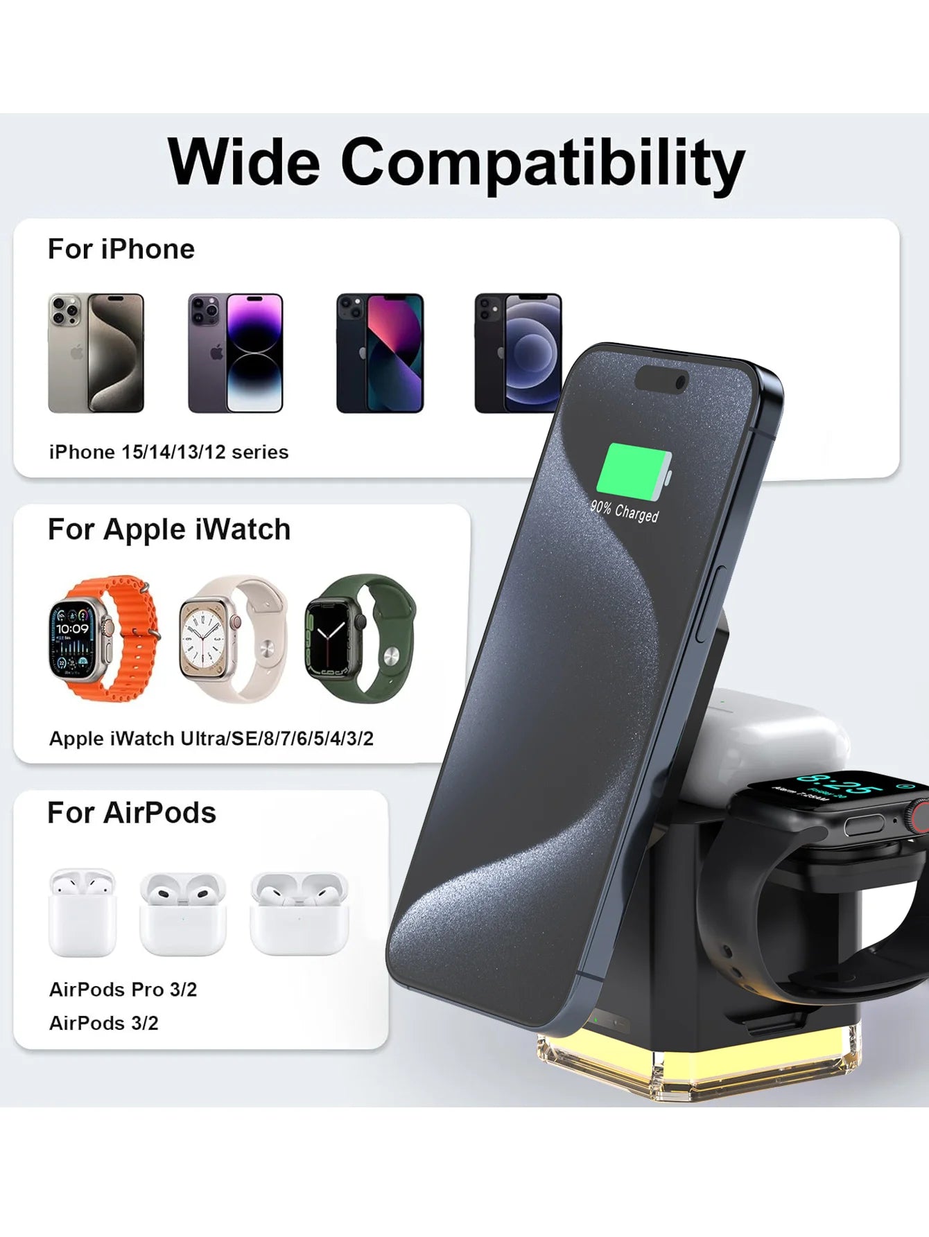 Chargeur sans fil 3 en 1 30 W, station de charge sans fil pliable, support de chargeur cubique pour plusieurs appareils, pour iPhone 15/14/13/12