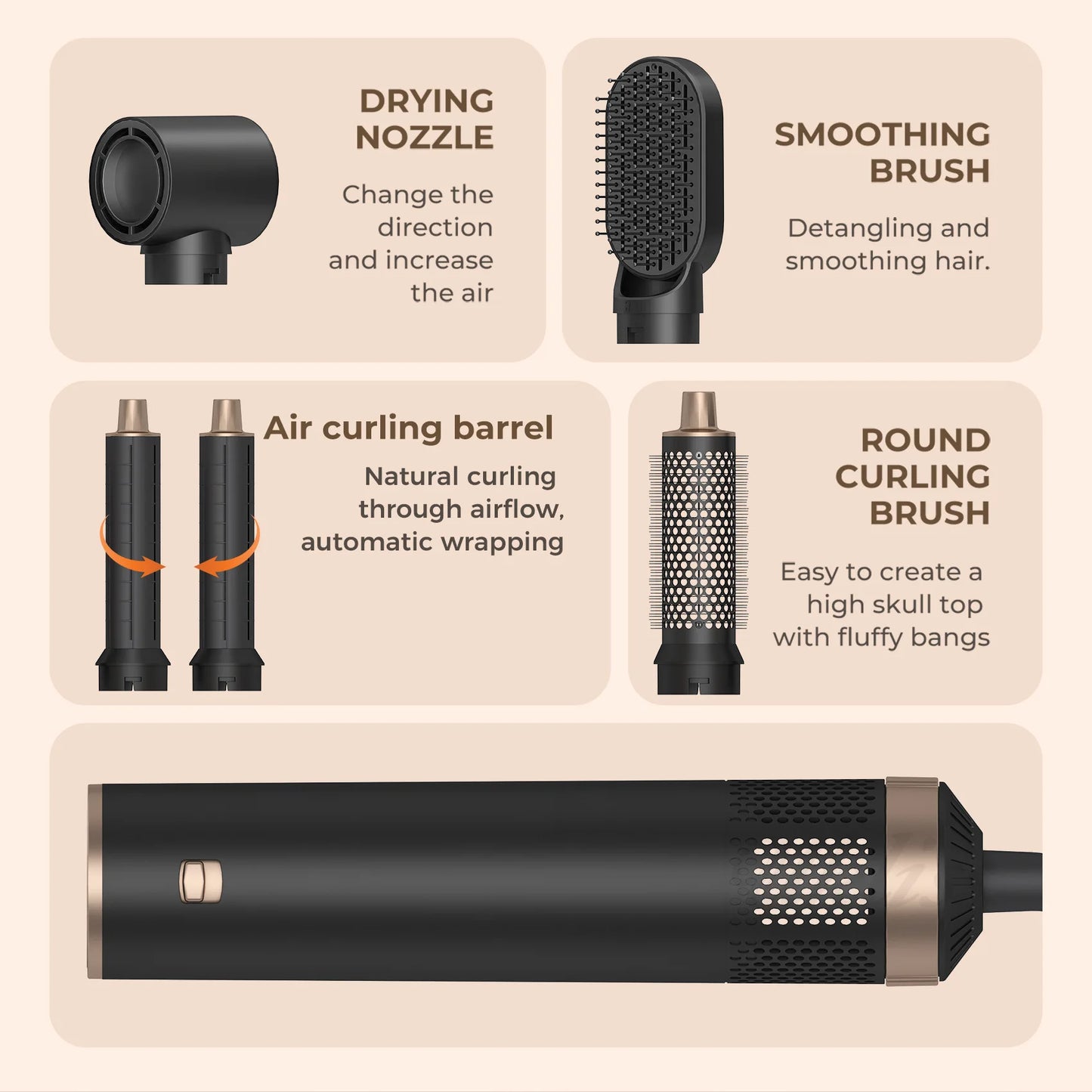 Airbrush 5 en 1 Air Styler, Air Brush 5 en 1 avec Seche Cheveux, Brosse Soufflante, Fer a Boucler, Thermal Brush, Brosse Lissante Seche Cheveux 5 en 1 pour Sécher, Boucler, Lisser